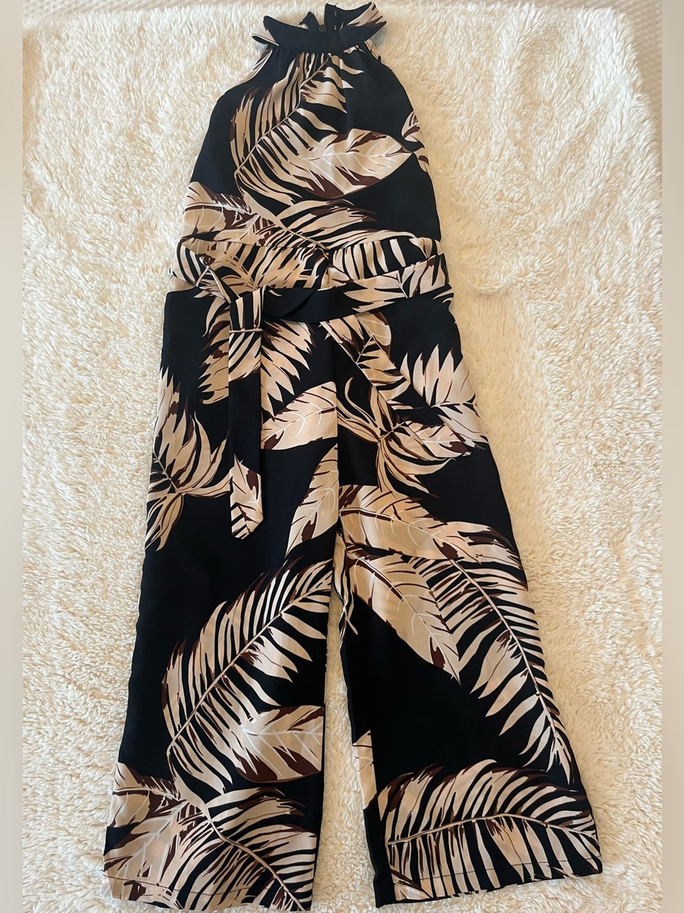 SHEIN Girls Black & Beige Tropical Leaf Halter Jumpsuit Sz 6